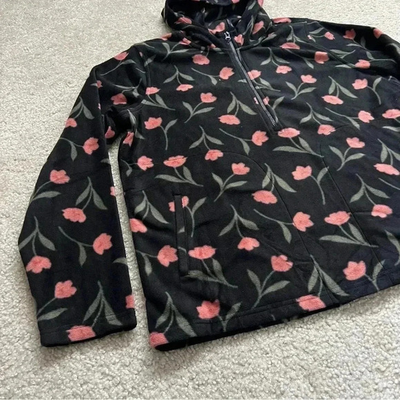 O’NEILL Hooded Top Half Zip Pullover Polar Fleece Flower Print Large Black NEW, - Picture 4 of 16